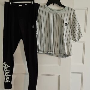 Adidas Black Leggings and Striped Tee Set